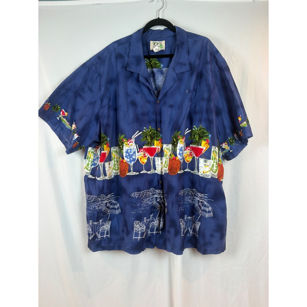 KY'S Mens 6XL Hawaiian Shirt Blue Cocktail Beach Print Cotton Made in Hawaii